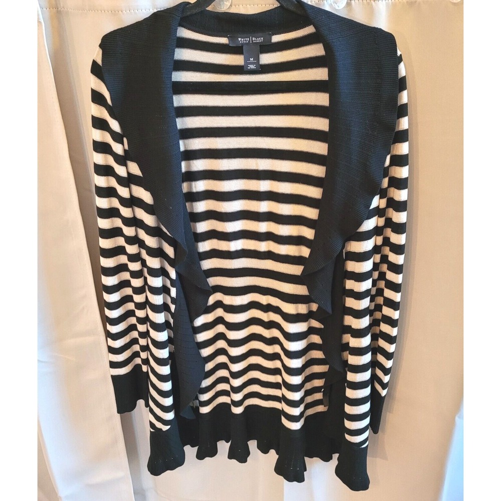 WHBM Women Cardigan Medium Silk Blend Long Stripe Ruffle Romantic 15765x - Picture 1 of 7